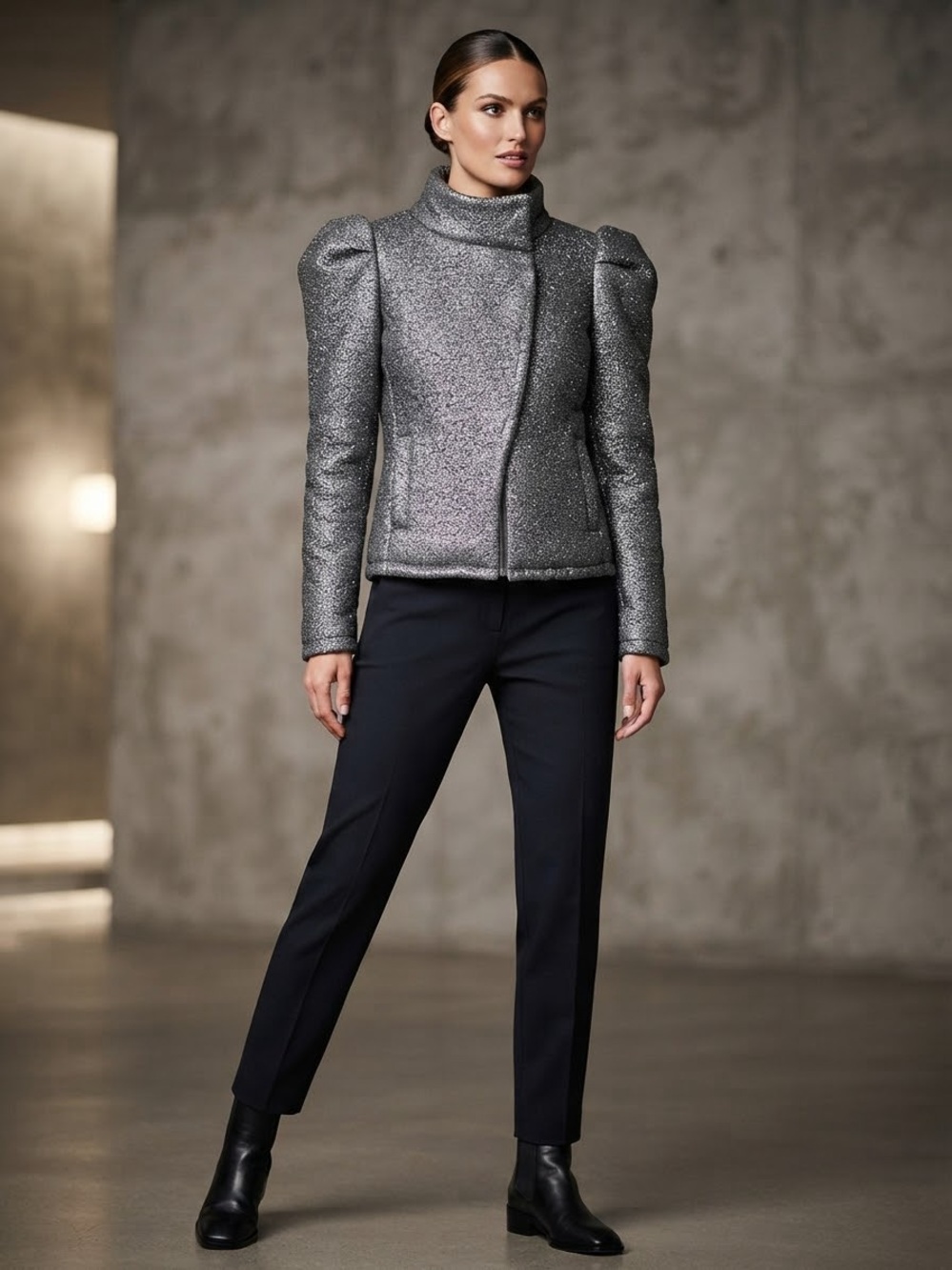 Express Metallic Silver Puff-Shoulder Bomber Jacket